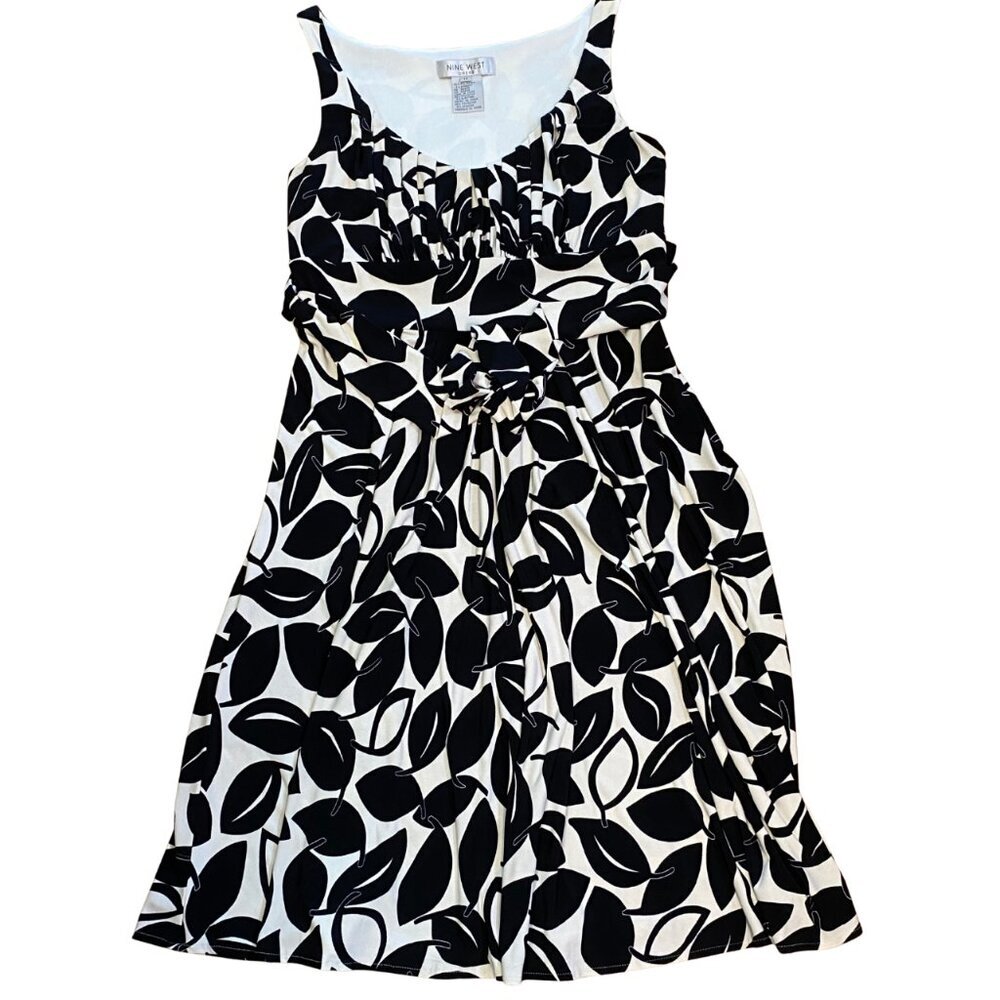 Nine West V-Neck Floral Pattern Body Con Dress, Belted, Size12, Black & White - Picture 2 of 10